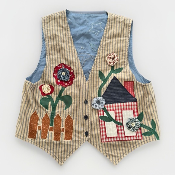 Handmade Jackets & Blazers - Vintage Birdhouse/Flowers Patchwork Button‎ Front Vest Country Cottagecore M/L